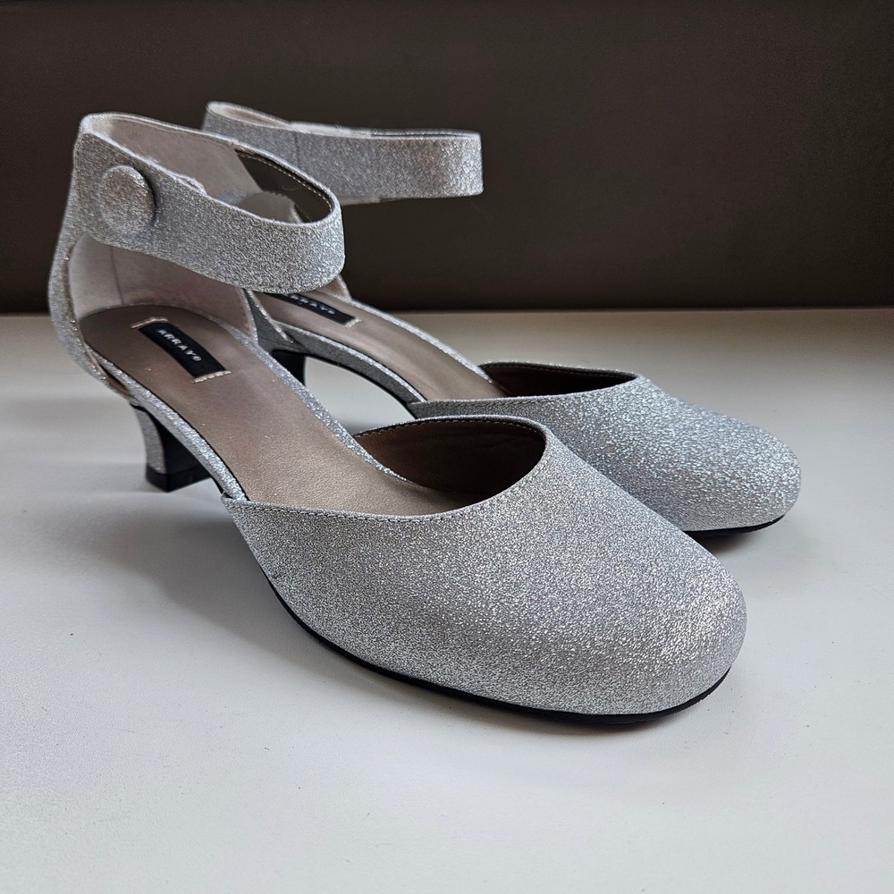 Array Glitter Kitten Heel Pumps 7.5 Ankle Strap Shoes Silver Sparkle Hoco Formal